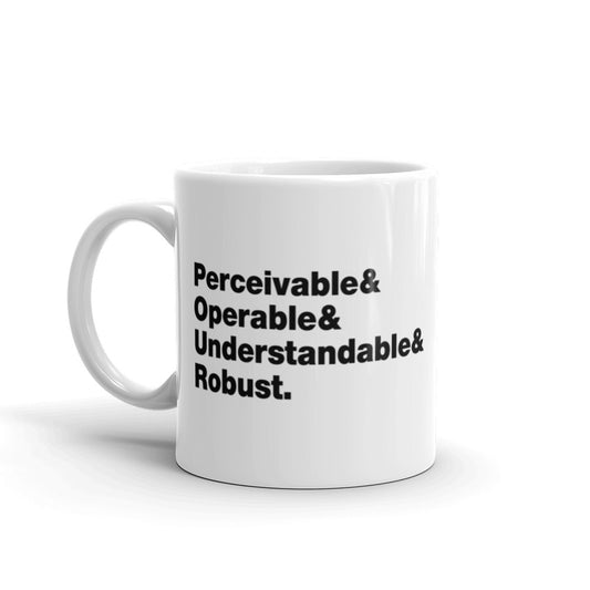 Black, Perceivable & Operable & Understandable & Robust words on left and right side of white coffee mug.