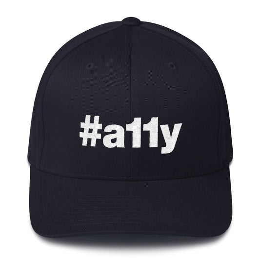 White, #a11y letters on front of dark navy blue full-back baseball cap.