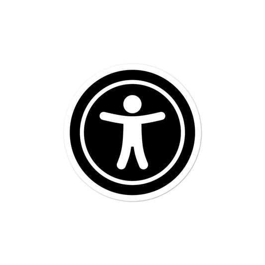 White, universal access logo, on front left of black 3 inch sticker.