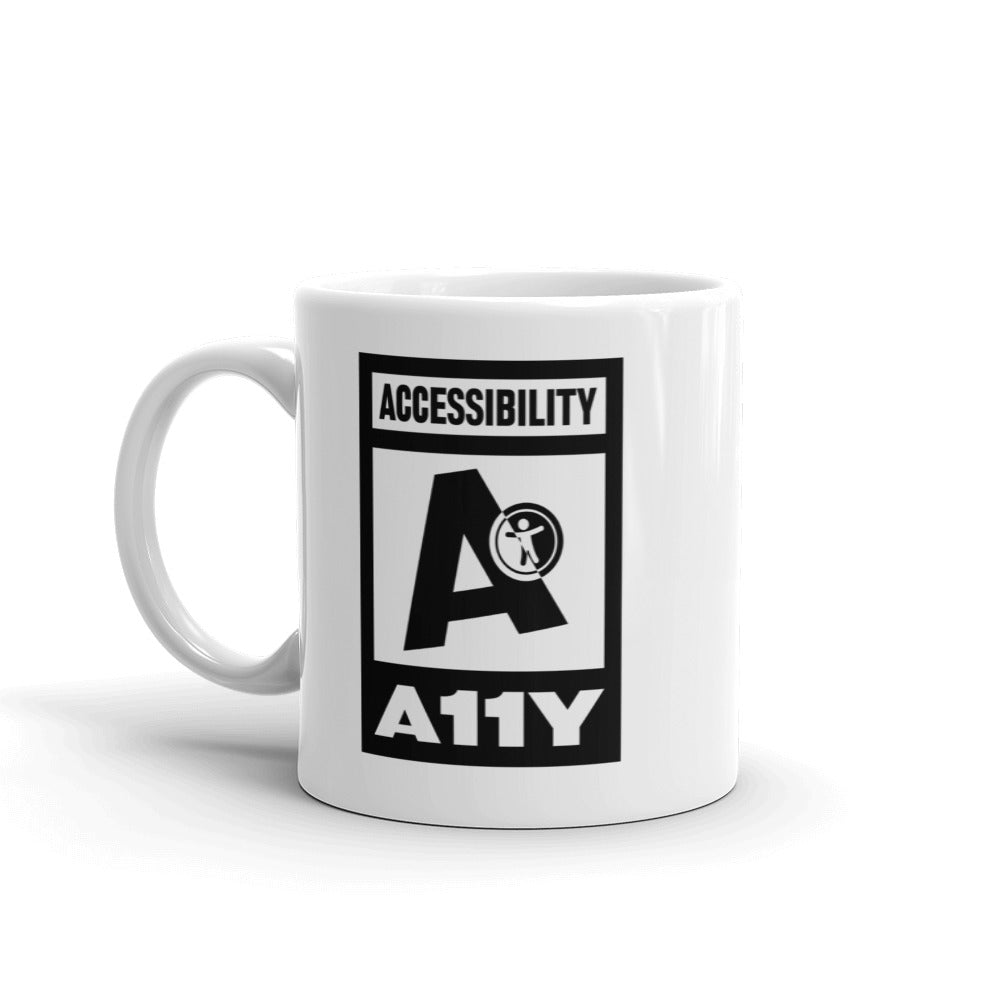 Black on white Accessibility word above large black letter A. Black universal design logo on white is placed above a white on black A11Y word, center aligned, on each side of a white mug.