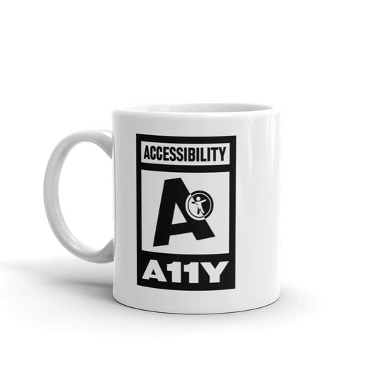 Black on white Accessibility word above large black letter A. Black universal design logo on white is placed above a white on black A11Y word, center aligned, on each side of a white mug.