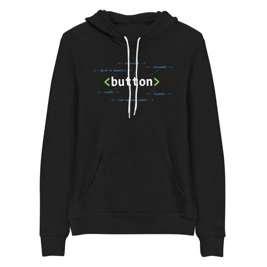 White, HTML button element, center aligned, on front of black hooded sweater. HTML comments surround the code with statements: accessible, focusable, built-in semantics, usable, stylable, full keyboard support.