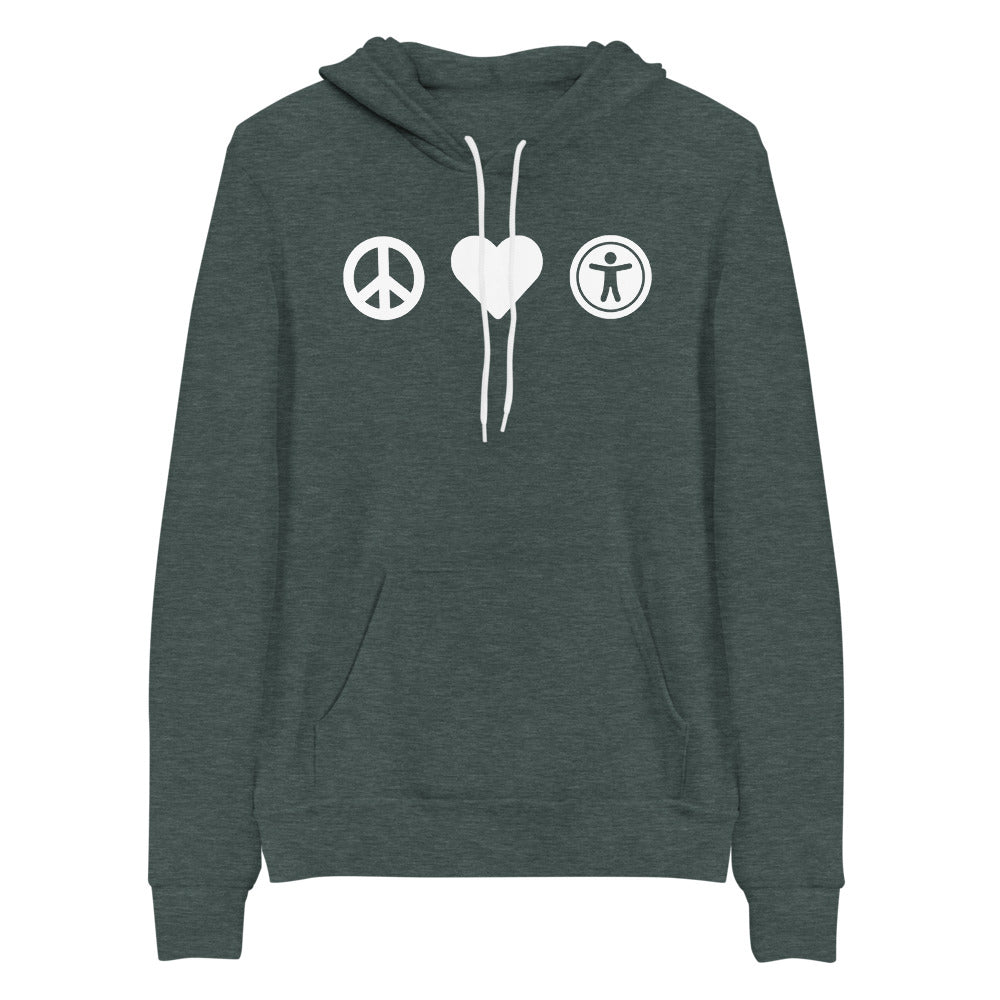 White, center aligned heart icon, peace sign icon is left of heart, universal design logo is right of heart, on heather dark green hooded sweater.