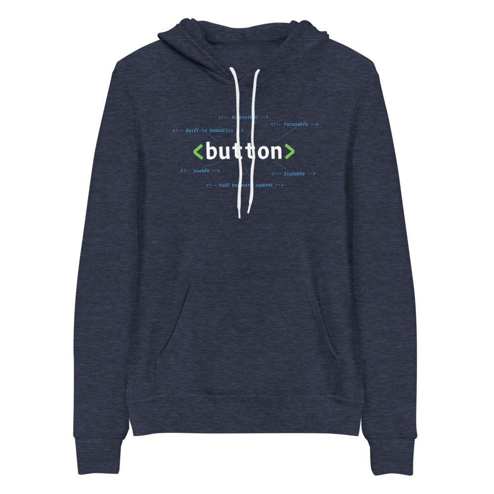 White, HTML button element, center aligned, on front of heather navy blue hooded sweater. HTML comments surround the code with statements: accessible, focusable, built-in semantics, usable, stylable, full keyboard support.