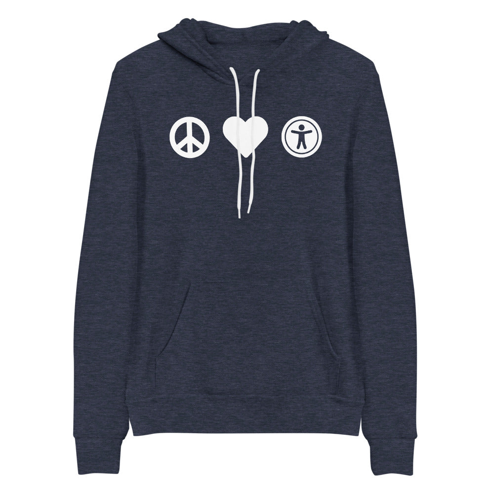 White, center aligned heart icon, peace sign icon is left of heart, universal design logo is right of heart, on heather navy blue hooded sweater.