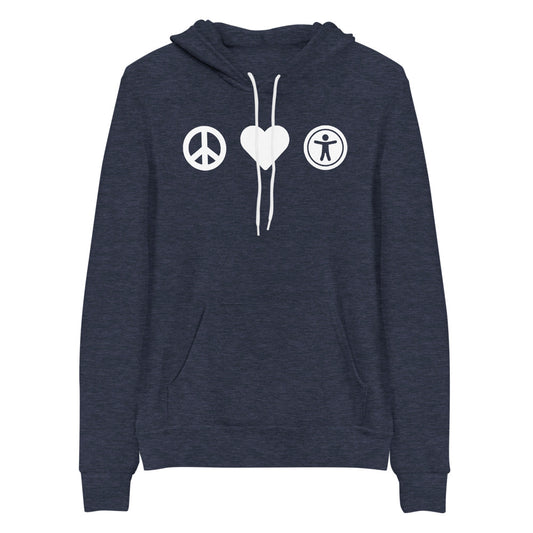 White, center aligned heart icon, peace sign icon is left of heart, universal design logo is right of heart, on heather navy blue hooded sweater.