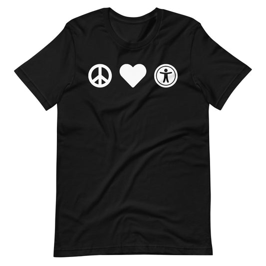 White, center aligned heart icon, peace sign icon is left of heart, universal design logo is right of heart, on black t-shirt.