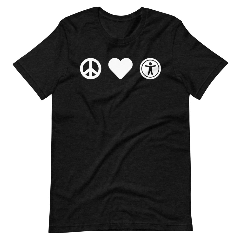 White, center aligned heart icon, peace sign icon is left of heart, universal design logo is right of heart, on heather black t-shirt.