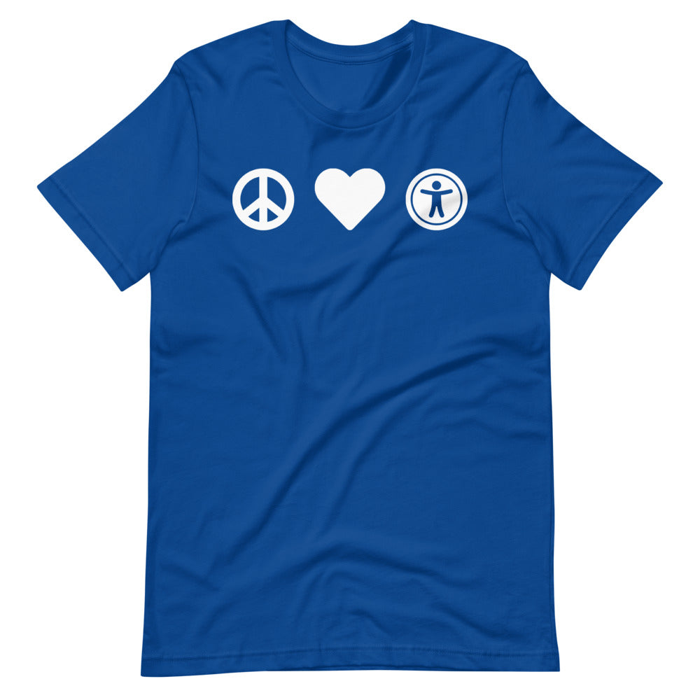 White, center aligned heart icon, peace sign icon is left of heart, universal design logo is right of heart, on blue t-shirt.
