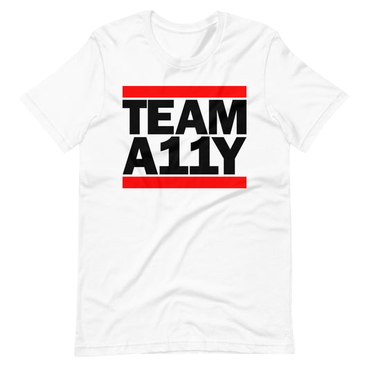 Black TEAM A11Y text, red bar above and below, center aligned, on front of white t-shirt.