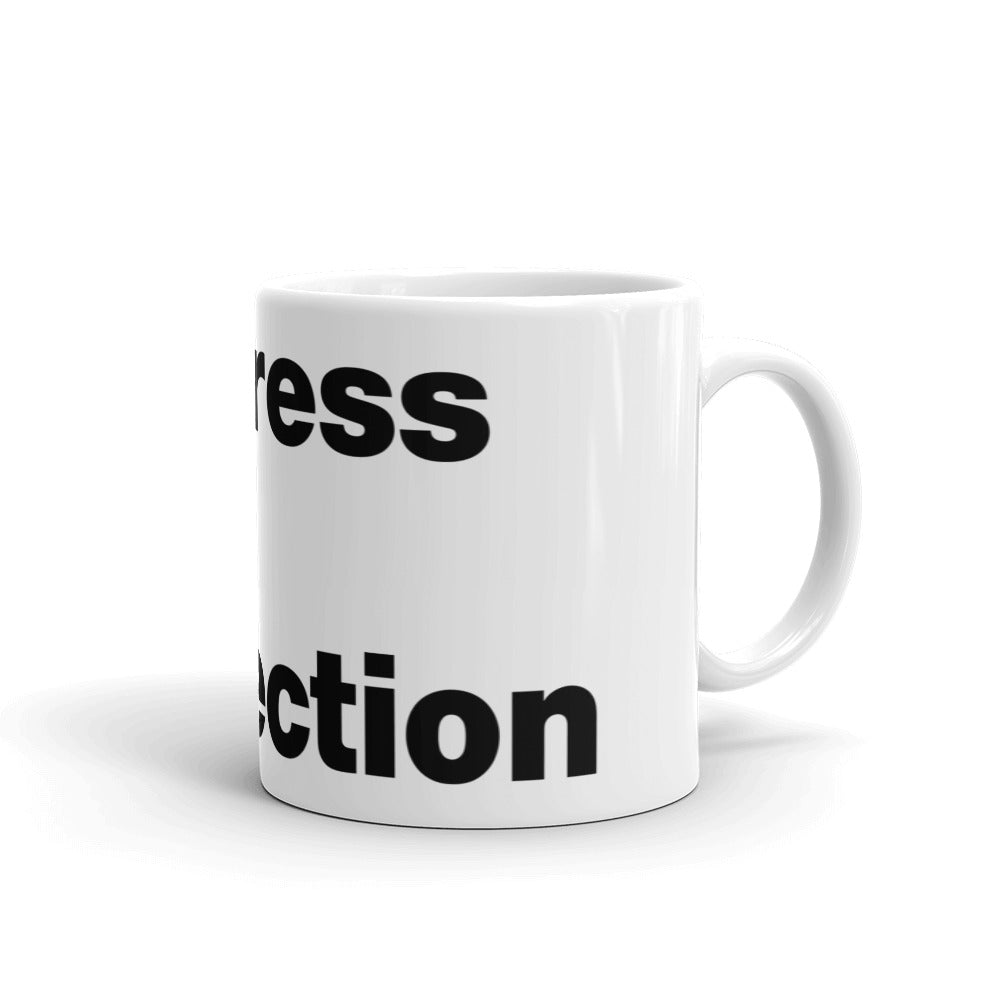 Black, Progress Over Perfection, words, stacked, left aligned. 'O' in Over is round universal icon, on front of white coffee mug, right side view.