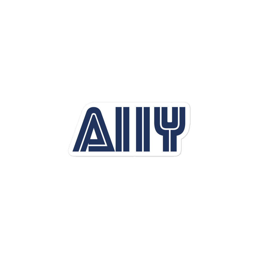 Blue stylized A11y letters, prepresentative of the Sega logo, center aligned, on front of 3 inch sticker.