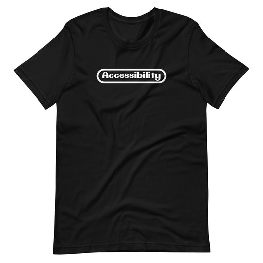 White stylized Accessibility word with rounded border, prepresentative of the Nintent logo, center aligned, on front of black t-shirt.
