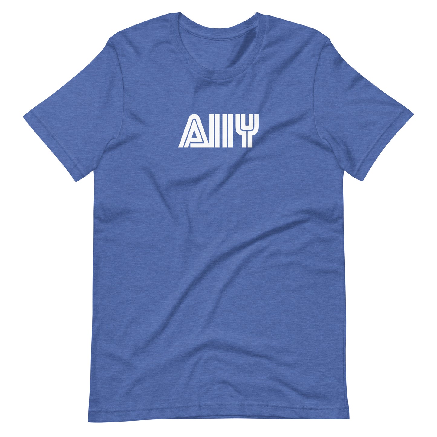 White stylized A11y letters, prepresentative of the Sega logo, center aligned, on front of heather blue t-shirt.