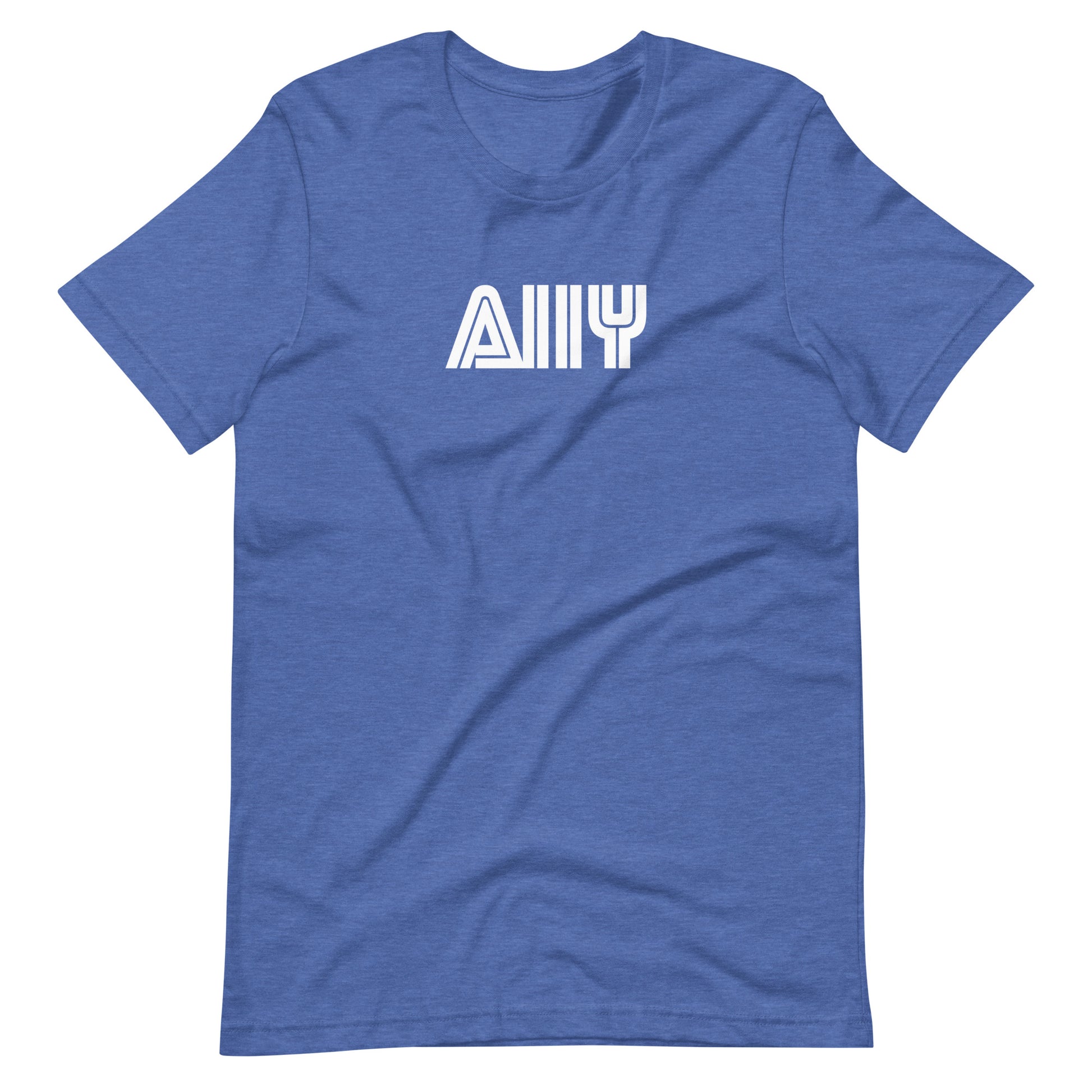 White stylized A11y letters, prepresentative of the Sega logo, center aligned, on front of heather blue t-shirt.