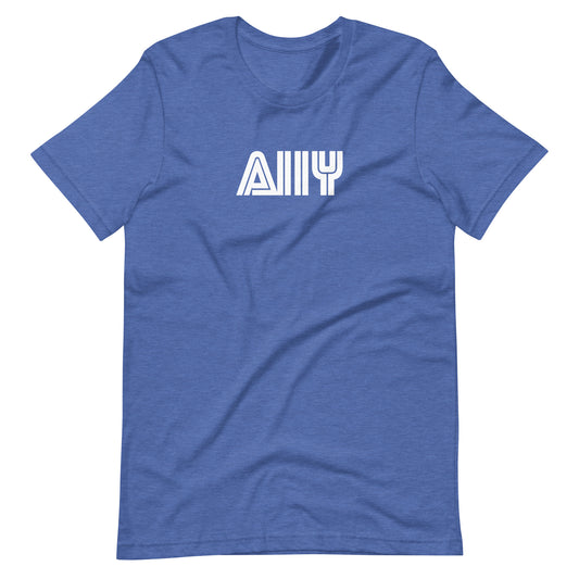 White stylized A11y letters, prepresentative of the Sega logo, center aligned, on front of heather blue t-shirt.
