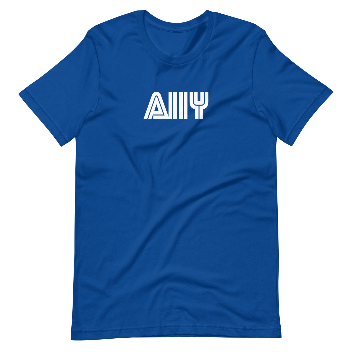 White stylized A11y letters, prepresentative of the Sega logo, center aligned, on front of blue t-shirt.
