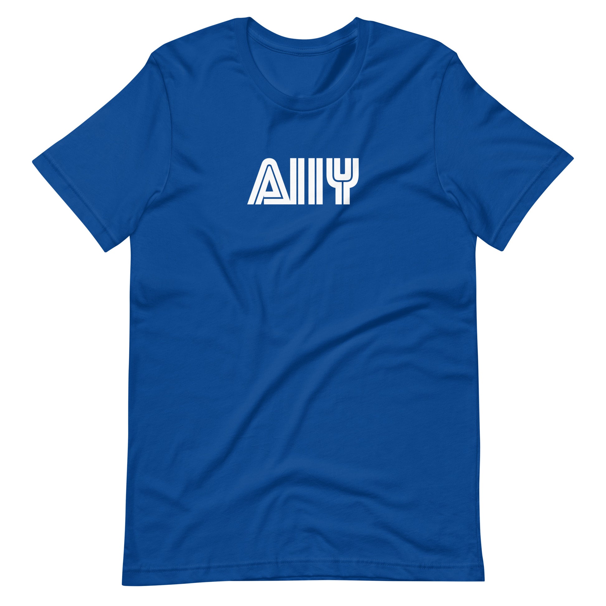 White stylized A11y letters, prepresentative of the Sega logo, center aligned, on front of blue t-shirt.