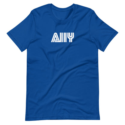 White stylized A11y letters, prepresentative of the Sega logo, center aligned, on front of blue t-shirt.
