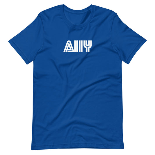 White stylized A11y letters, prepresentative of the Sega logo, center aligned, on front of blue t-shirt.