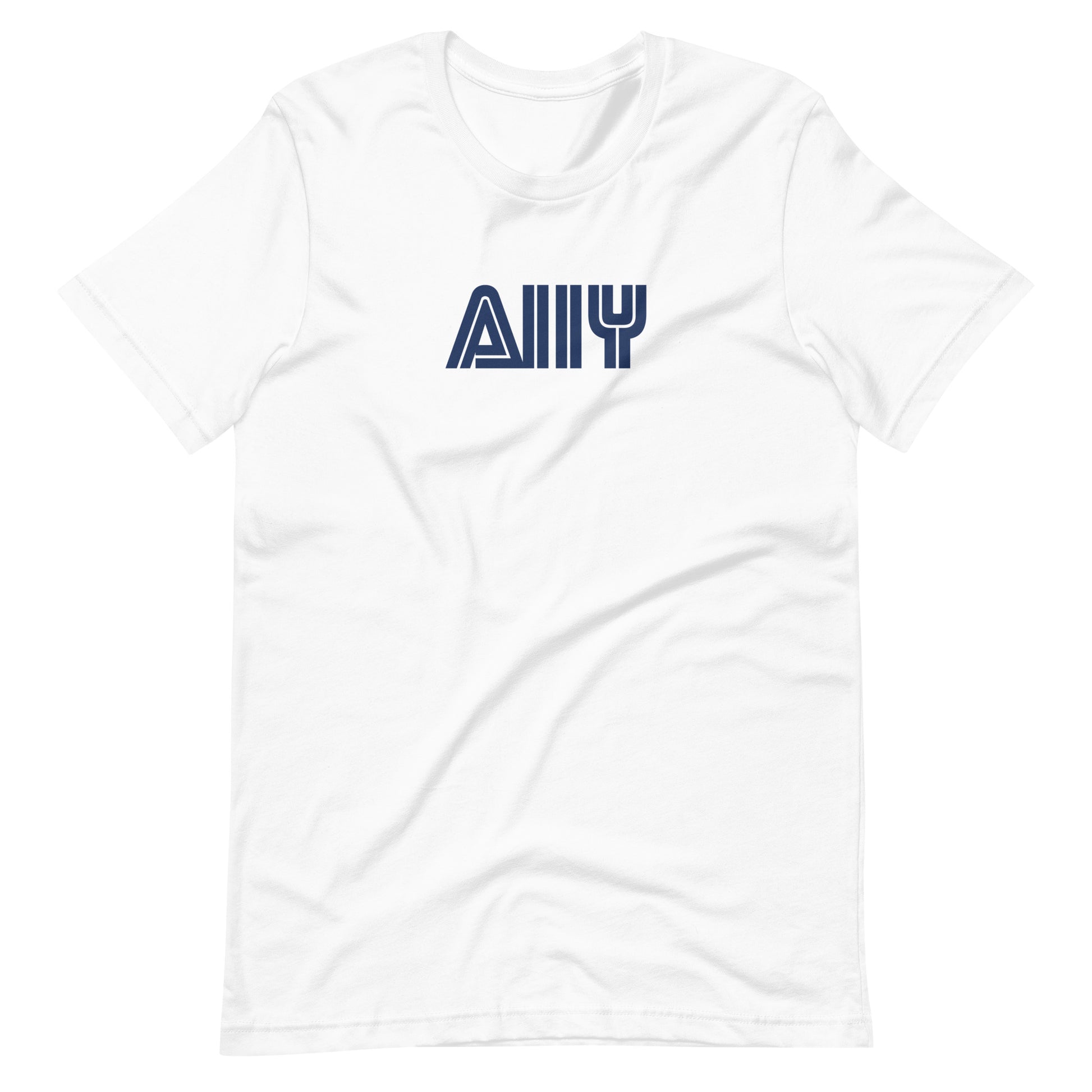 Blue stylized A11y letters, prepresentative of the Sega logo, center aligned, on front of white t-shirt.