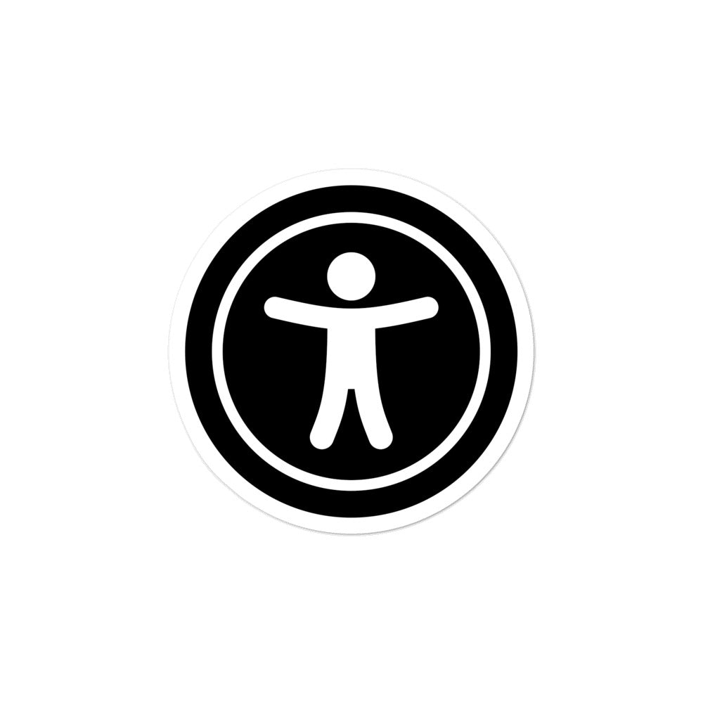 White, universal access logo, on front left of black 3 inch sticker.
