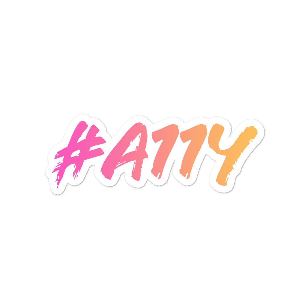 Left to right, dark pastel pink to pastel yellow gradient, #A11Y letters on white 4 inch sticker.