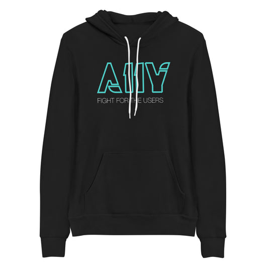 Bright blue A11Y text in Tron Legacy font style. Fight for the users, in white text beneath, center aligned, on front of black hooded sweater.