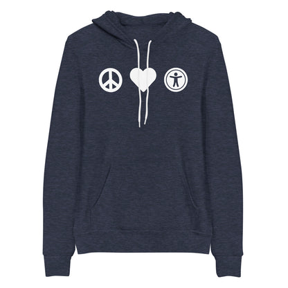 White, center aligned heart icon, peace sign icon is left of heart, universal design logo is right of heart, on heather navy blue hooded sweater.