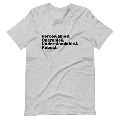 Black Perceivable & Operable & Understandable & Robust words, stacked, left aligned, on front of heather grey t-shirt.