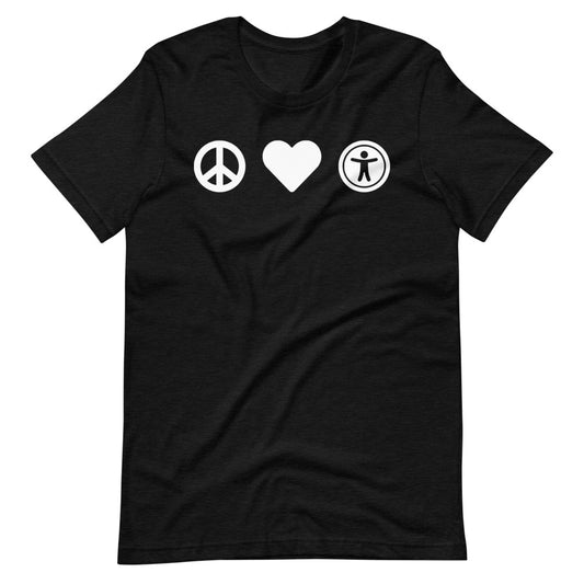 White, center aligned heart icon, peace sign icon is left of heart, universal design logo is right of heart, on heather black t-shirt.
