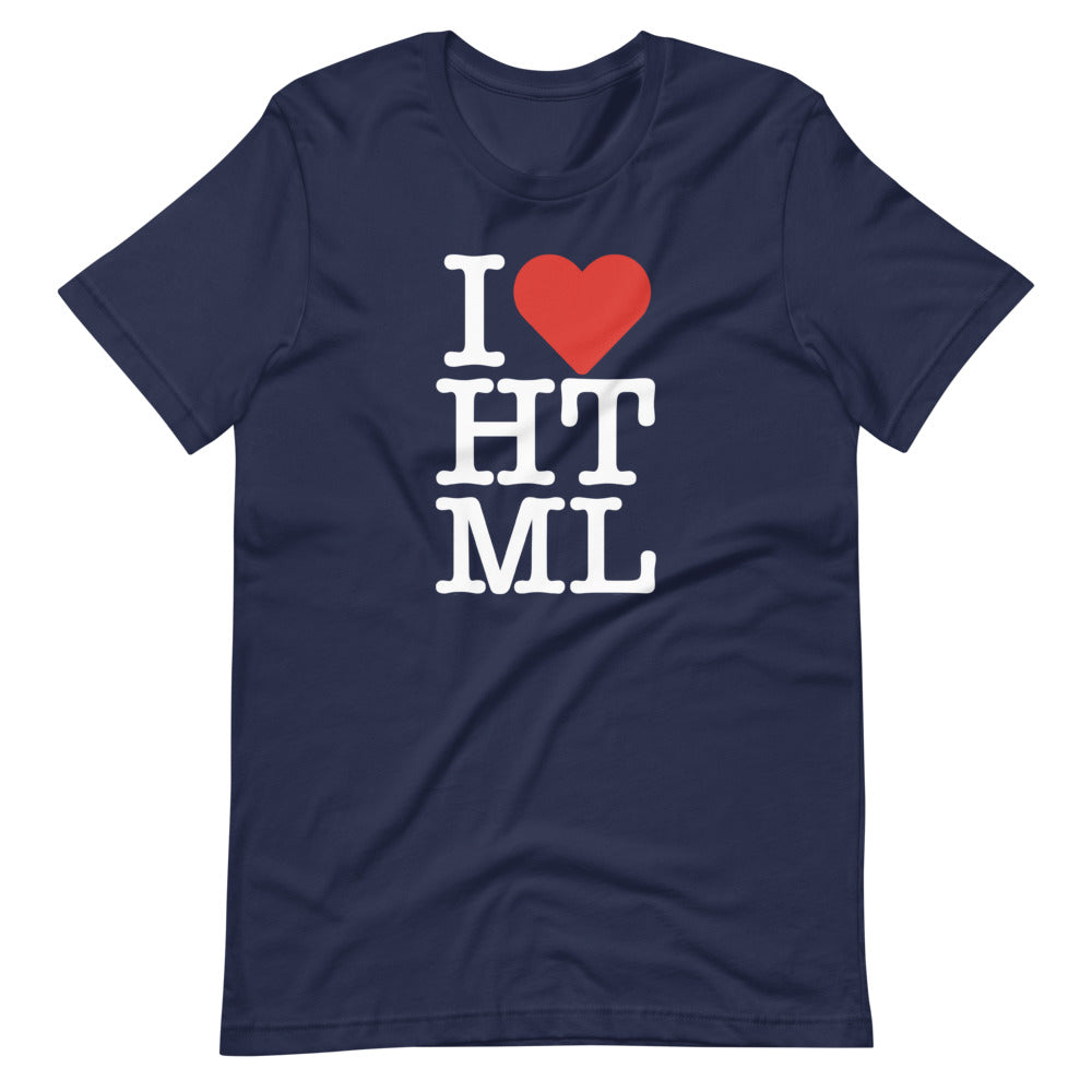 White, I (red heart emoji) HTML letters, styled in the same manner as the I love NY logo, on front of navy blue t-shirt.