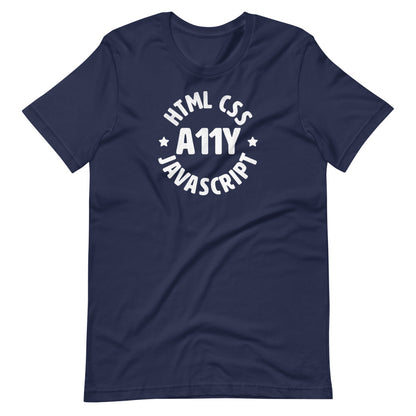 White HTML CSS JavaScript words, center aligned, circled around A11Y letters with stars on either side, on front of navy blue t-shirt.