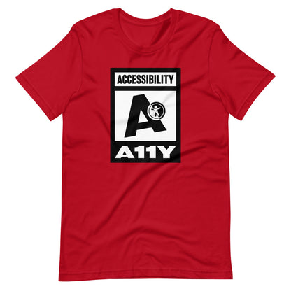 Black on white Accessibility word above large black letter A. Black universal design logo on white is placed above a white on black A11Y word, center aligned, on front of red t-shirt.